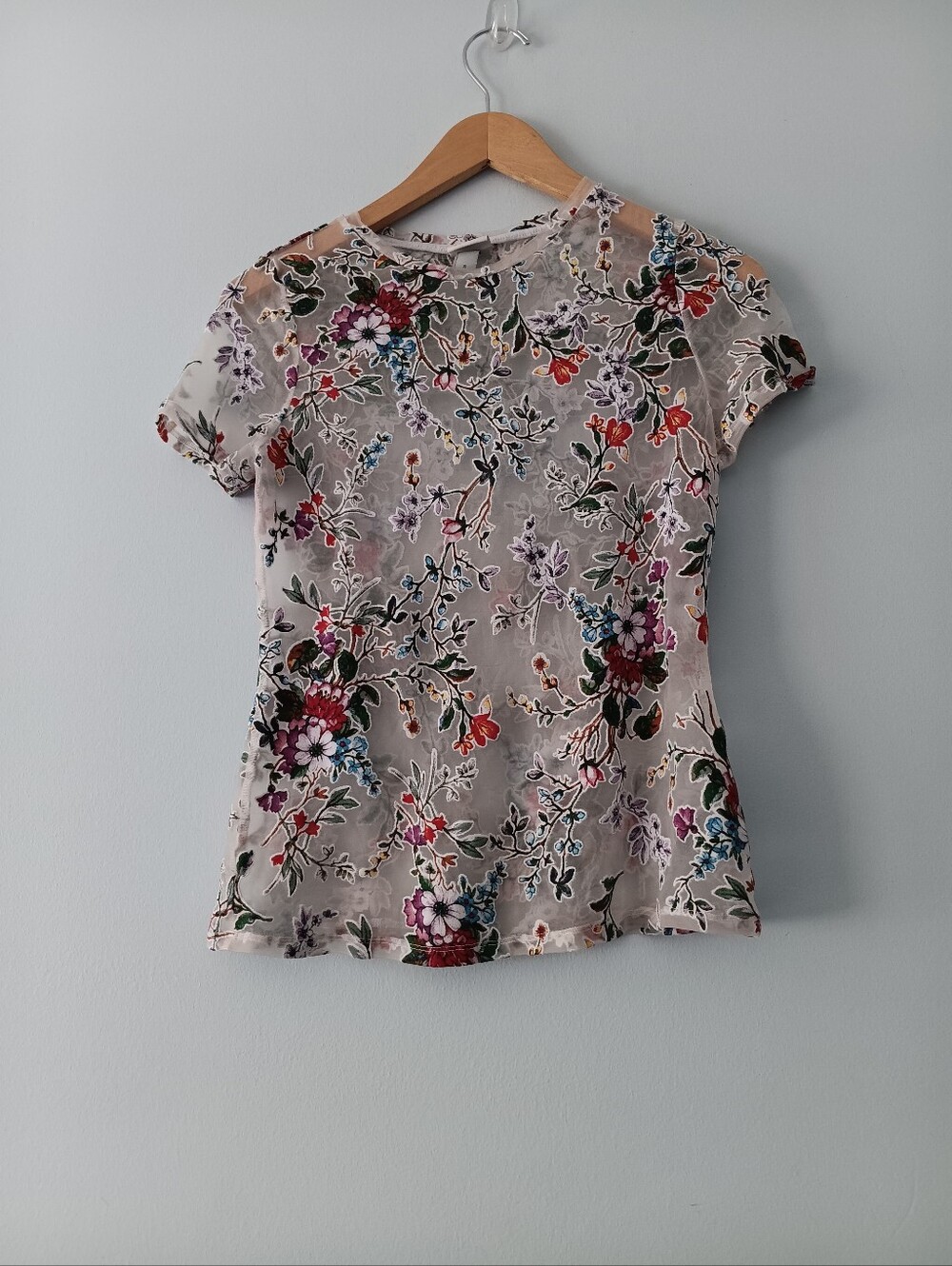 A New Day White Multicolor Floral Sheer Mesh Short Sleeve Top Size S